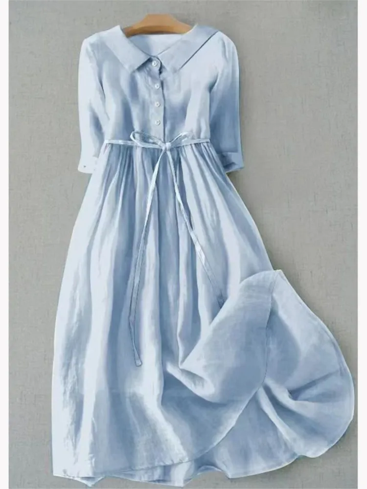 

Spring Summer New Women's Clothing Solid Color Lapel Five Quarter Sleeve Dress Cotton Linen Casual Lace Up Waist Long Skirt