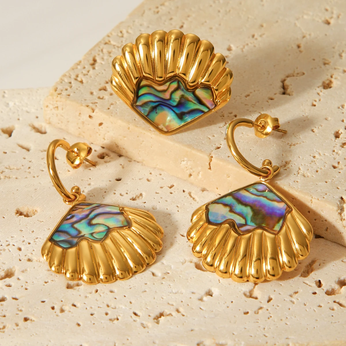 18K vergoldetes Abalone-Muschel-Schmuckset für Damen, Edelstahl-Muschel-Creolen, verstellbarer Ring, Sommer-Strandschmuck – Detail 10