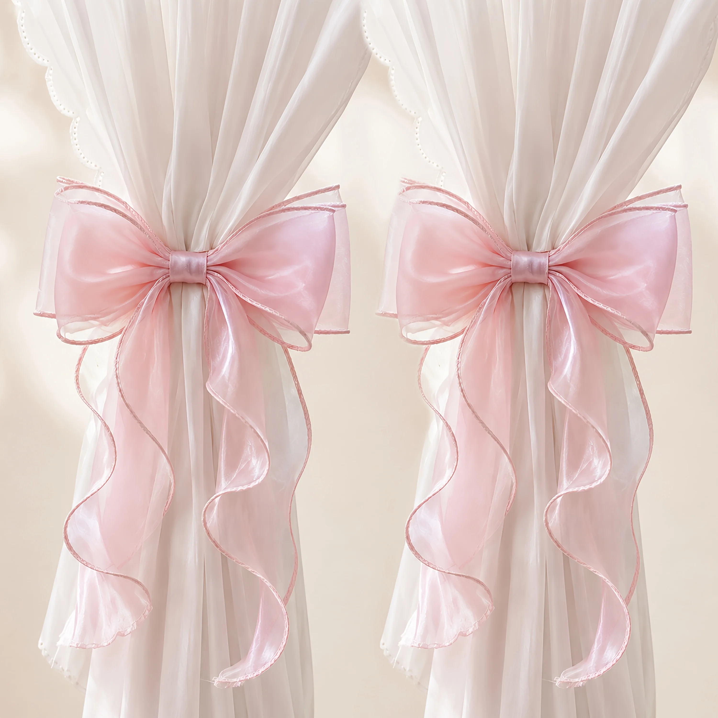 Set of 2 French Style Bow Curtain Tiebacks, Sheer Satin Ribbon Curtain Tiebacks, Multi-color No-drill Curtain Tiebacks