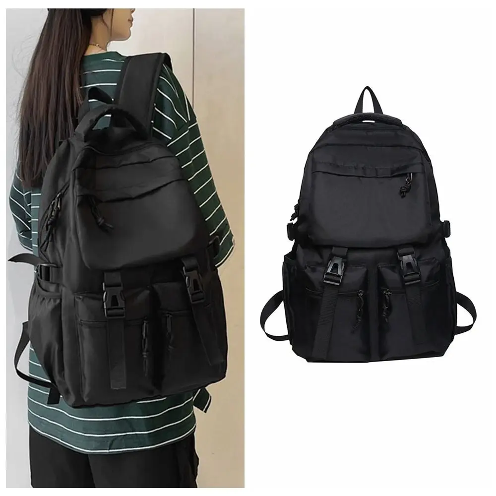 Simple Large Capacity Canvas Backpack Solid Color Multi Pocket Students School Bag Nylon Japanese Style Shoulders Bag Women/Men
