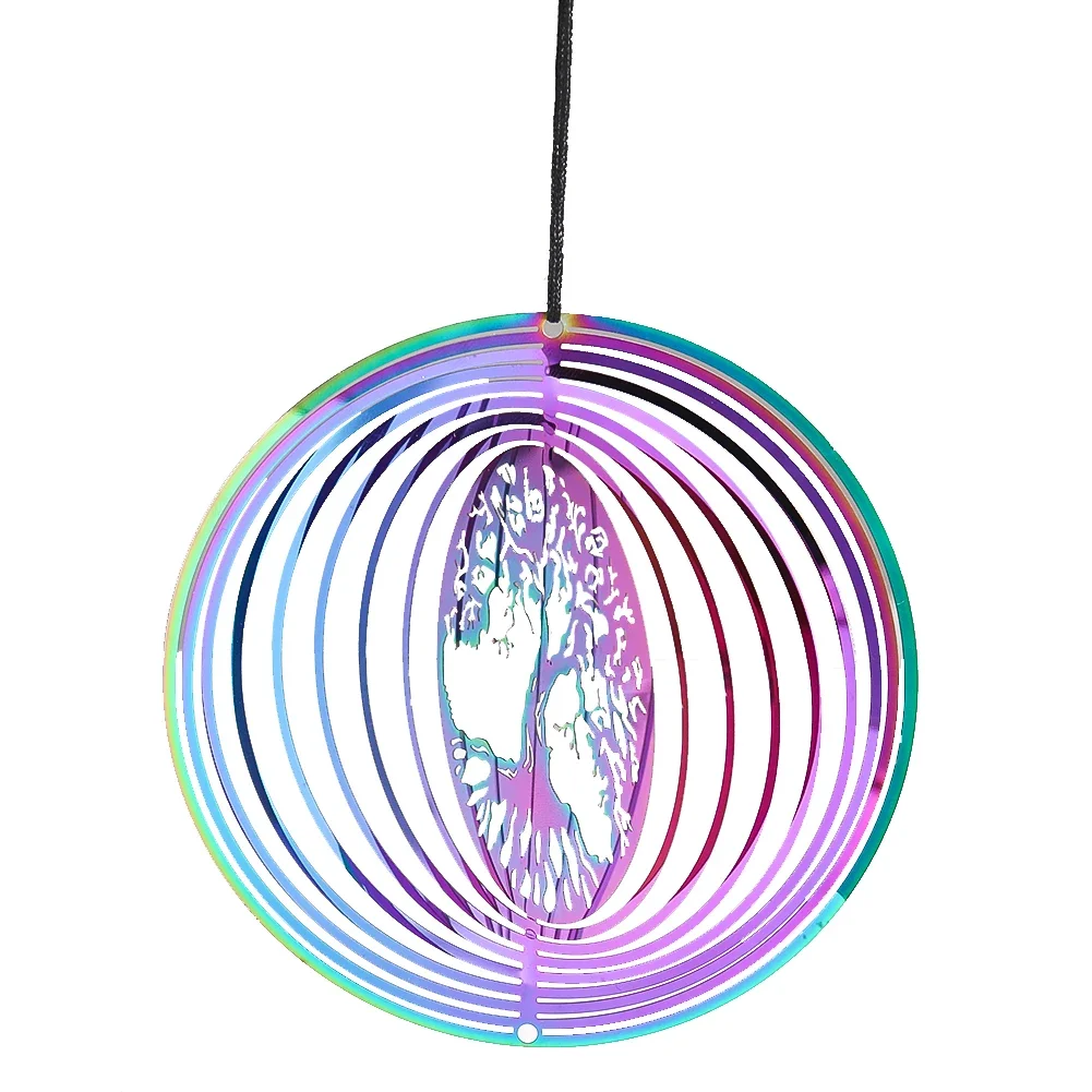 10CM Laser Rainbow Kabbalah Tree of Life 3D Rotating Metal Pendant Wind Gyro Spinning Sequins Meditation Healing Hanging Decor