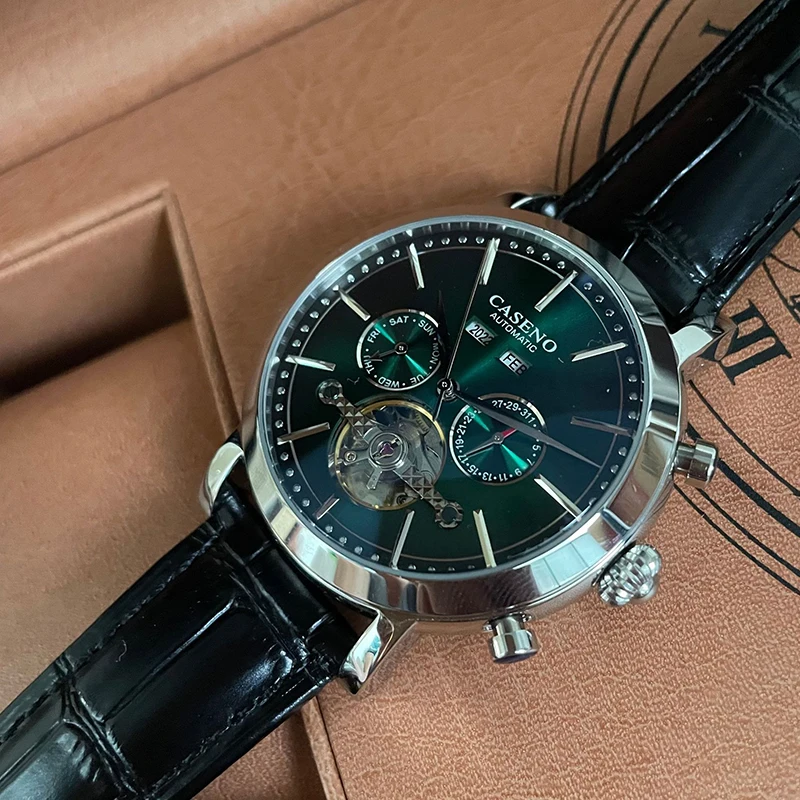 Men's Automatic Mechanical Watch Tourbillon Moon Phase 24 Hour Indicator See-Through Case Back 30M Water Resistance 42MM Large D