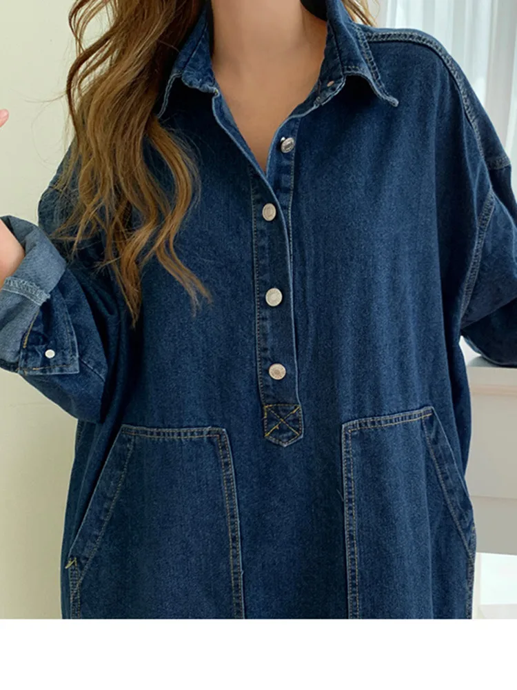 Vestido Denim Coreano com Cordão Solto Feminino, Vestidos Chiques Divididos, Vestidos Elegantes de Bolso Azul