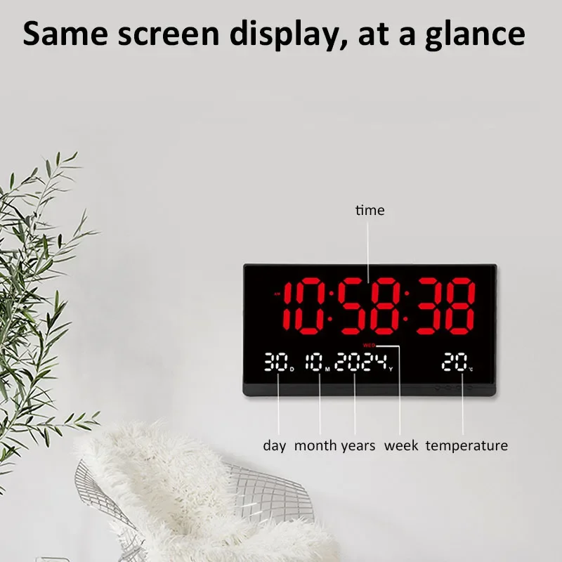 21 Inch Large Digital Wall Clock USB Powered Time Calendar 12/24H Time/Day/Month/Year/Temp Display Electronic LED Alarm Clock