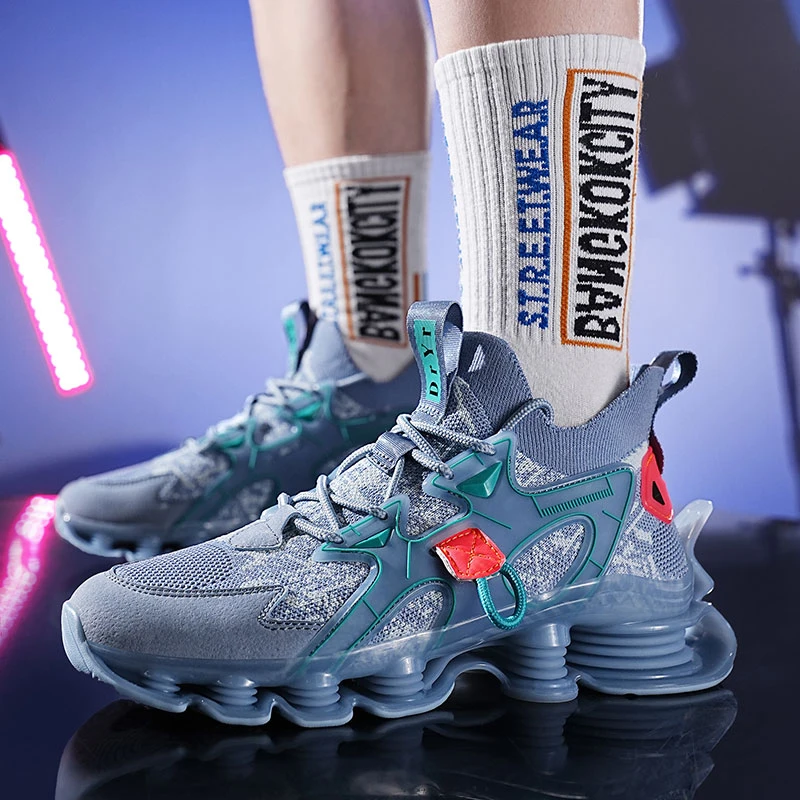 

Breathable flying woven blade sports shoes with shock-absorbing spring soles and high top shoes for men, lightweight and non sli