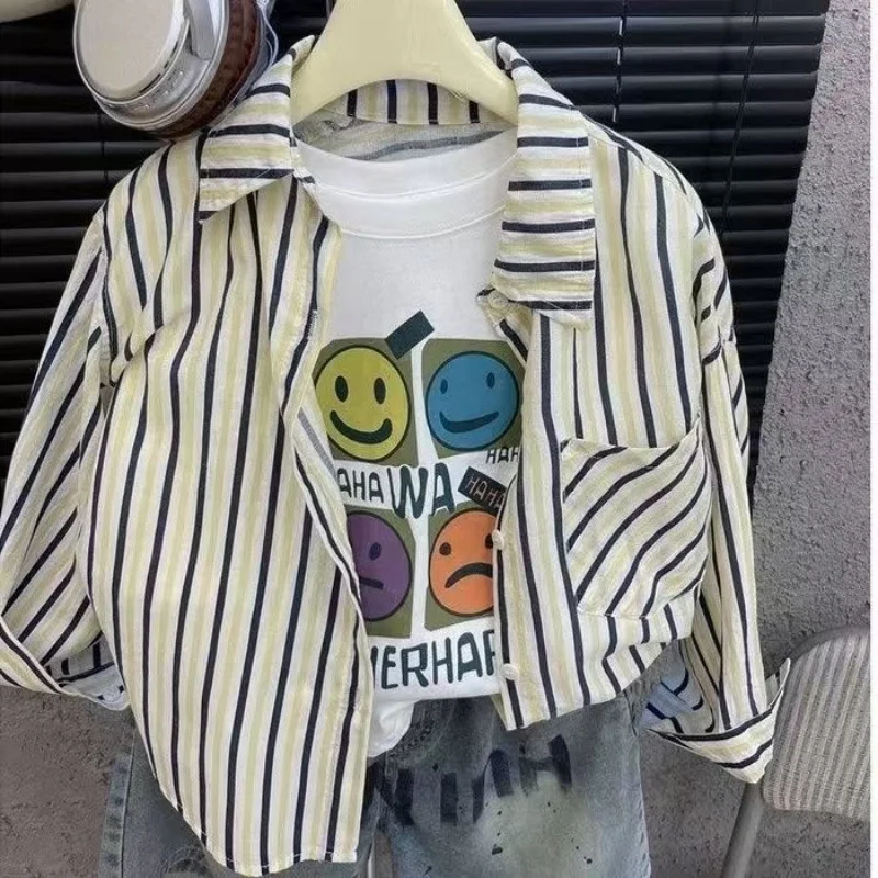 

Medium to Large Children's Shirt 2025 New Product Vertical Stripe Sunscreen Long Sleeve Shirt Pure Cotton Boys' Loose Top