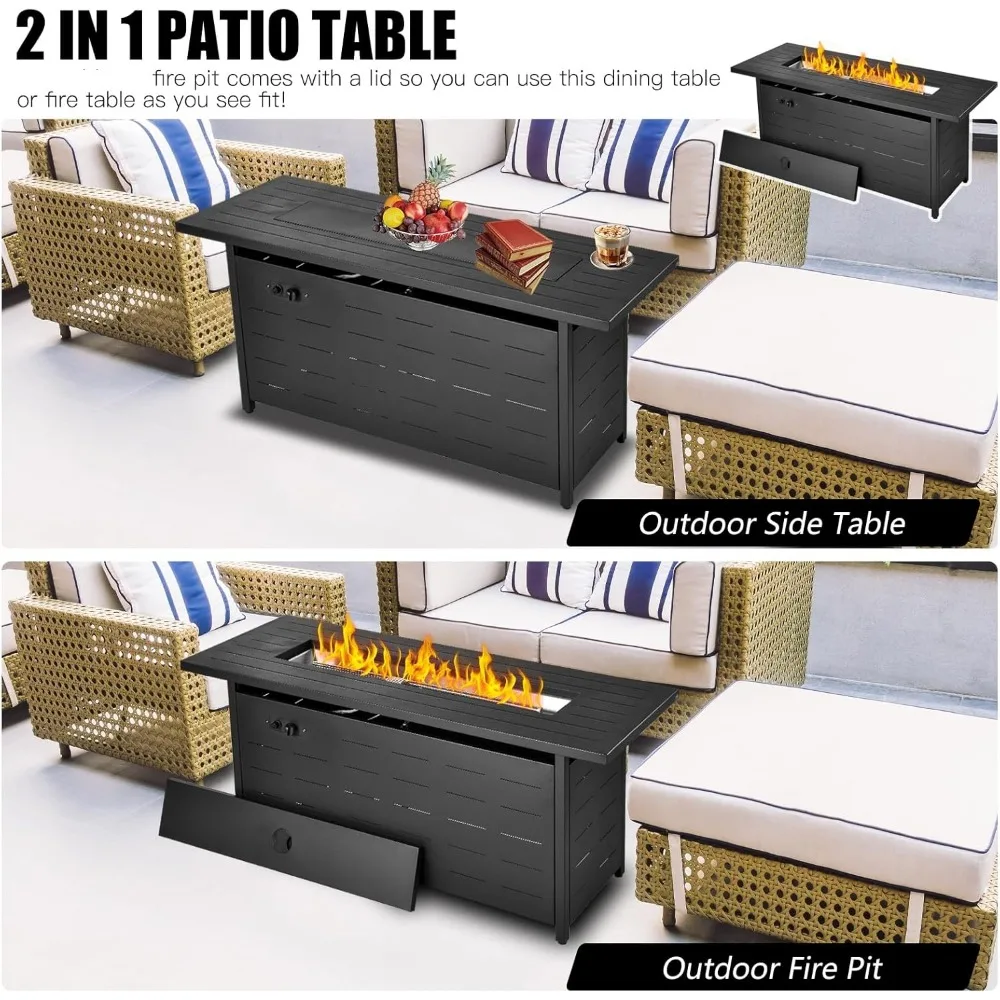 طاولة حفرة نار من غاز البروبان مقاس 57 بوصة مع 50000 وحدة حرارية بريطانية وصخور الحمم البركانية وغطاء وغطاء مقاوم للماء - حل تسخين الفناء الخارجي