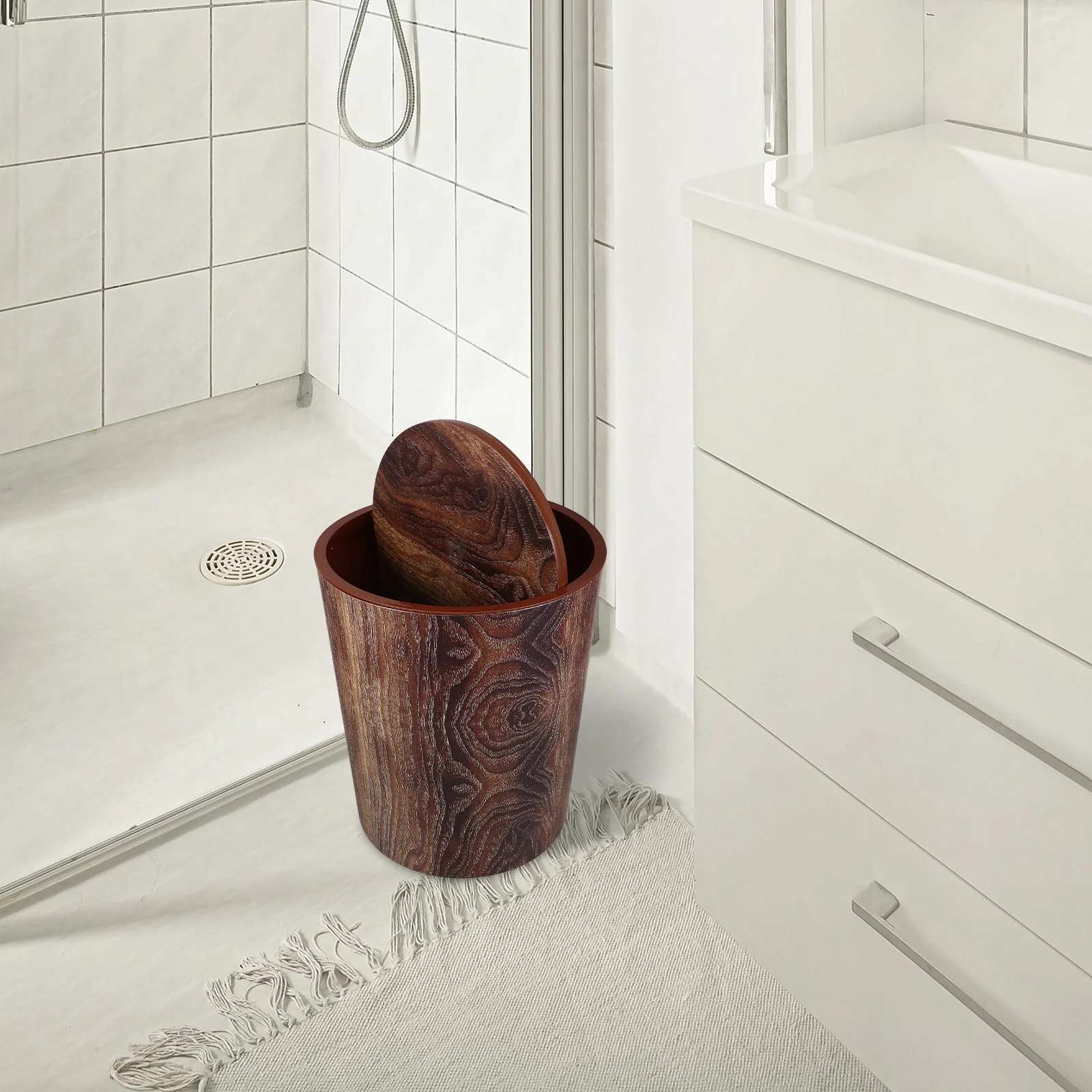 Compact Size Imitation Wood Trash Can Rotating Lid Bathroom Waste Bin Home Office Hotel Kitchen Garbage Can Bedroom Bin with Lid - Image 6