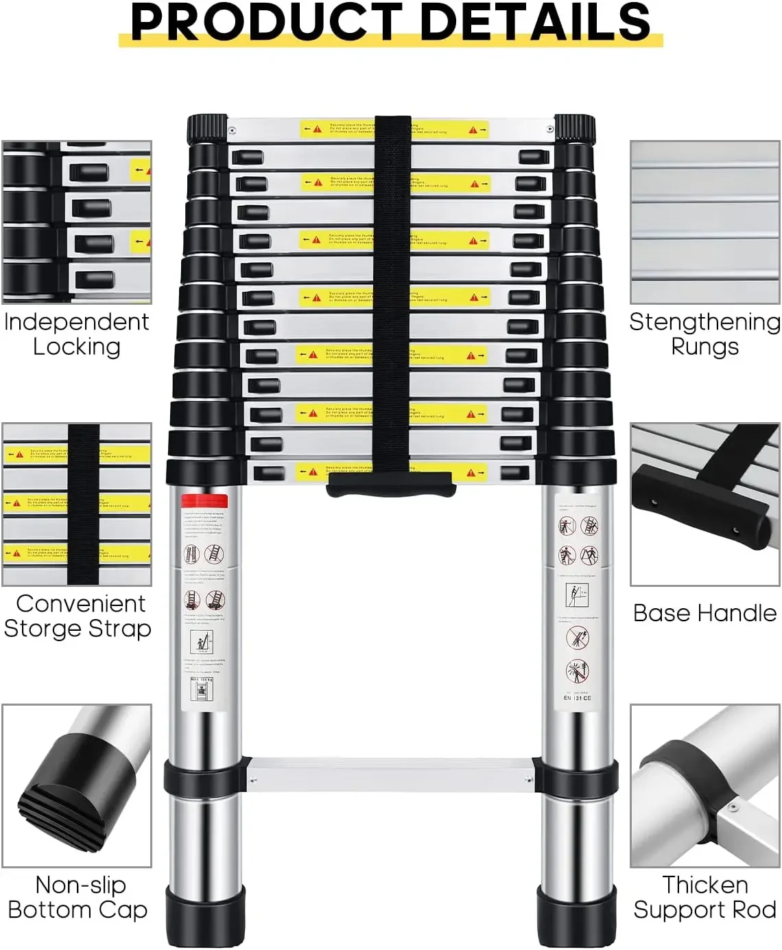 Telescoping Extension Ladder 16.5 FT, Aluminum Alloy Folding Telescopic Ladder with Locking Mechanism, Multi-Purpose Collapsible