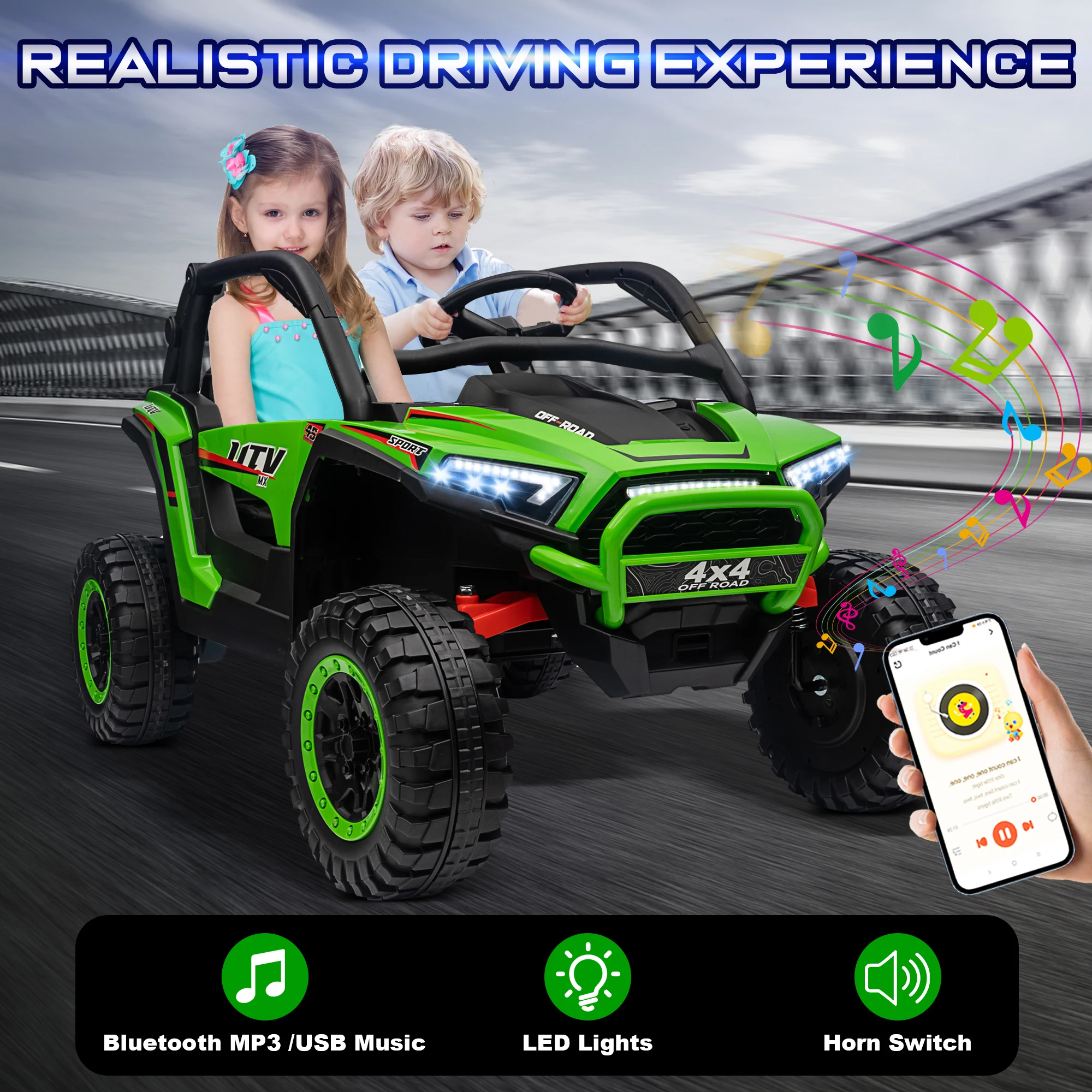 24V Ride on Car, 2 Seater XL 4X4 Off-Road UTV w/RMP2000W Powerful Motors, Remote Control, Bluetooth Music, LED Lights