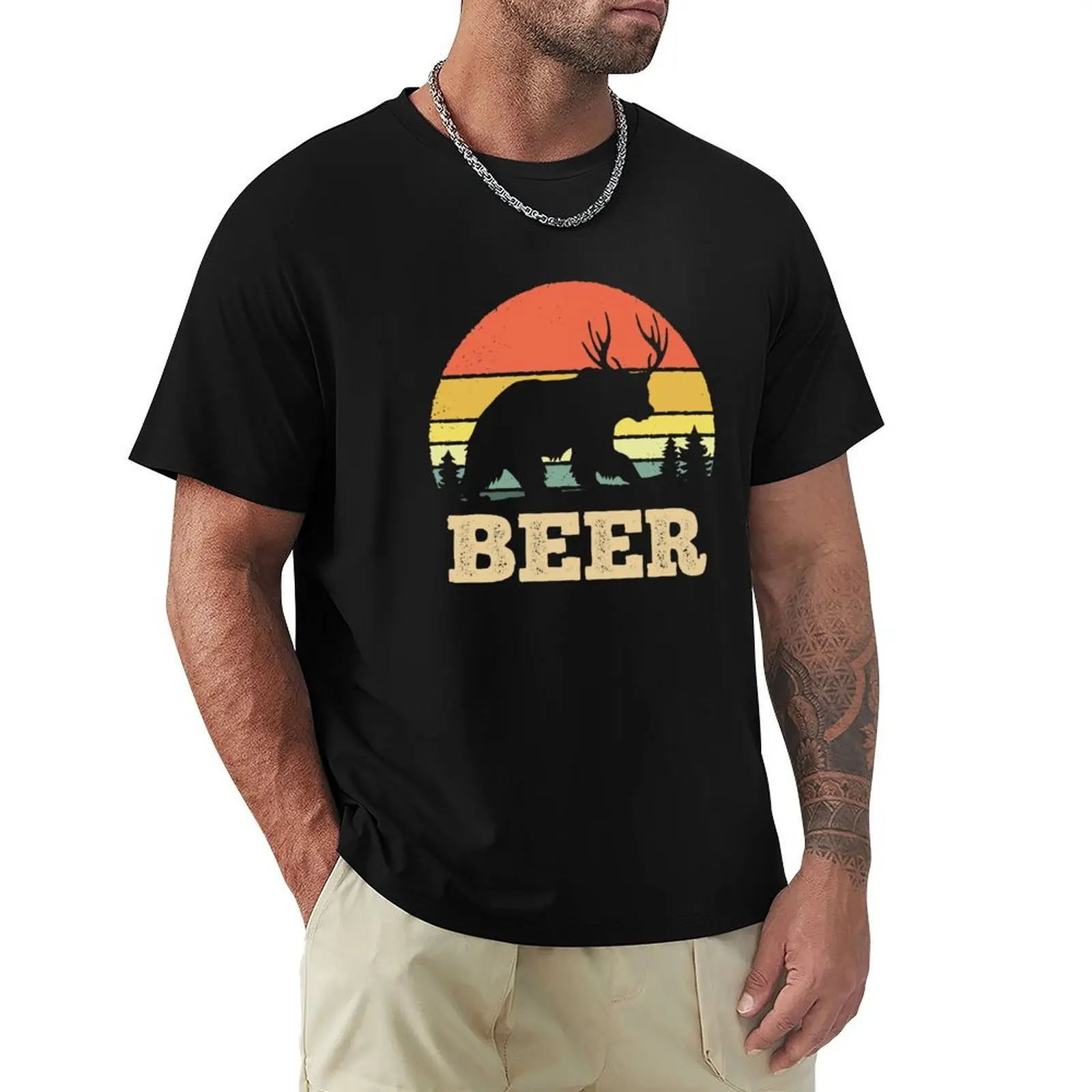 

Vintage Sunset Beer Bear Plus Deer T-Shirt customs design your own for a boy quick drying mens graphic t-shirts hip hop