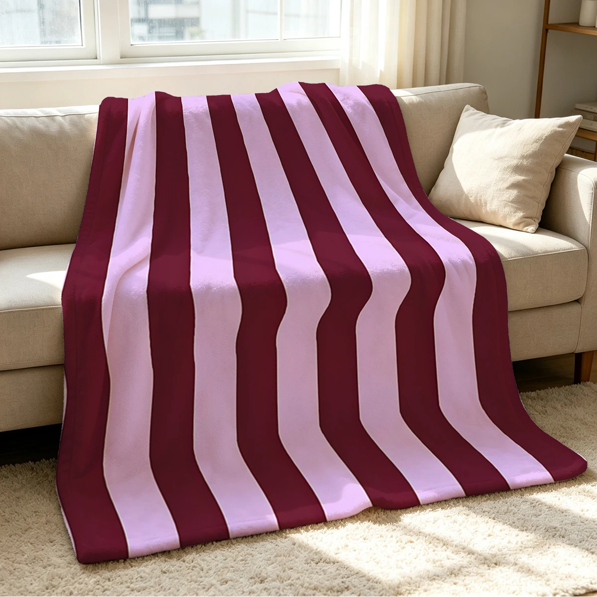 Manta de franela con rayas color burdeos y lila, cálida y suave, ideal para Halloween, Navidad, el sofá, para crear un ambiente acogedor, decorativa, un regalo perfecto para cualquier época del año.