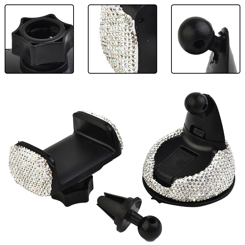 Sleek Rhinestone Car Phone Holder Stand Designed for Dashboard Use Easily Secures Phones via Suction Cup or Air Vent Attachment