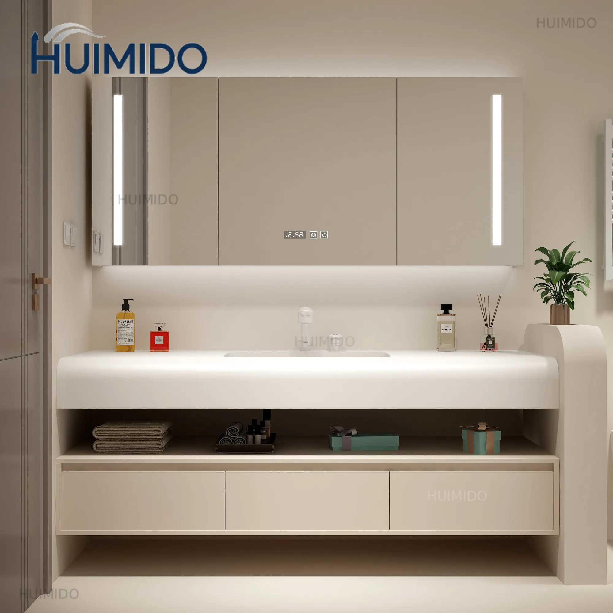 Bathroom Furniture Cream-Colored Imported Corian Integrated Bathroom Vanity Unit with Robot Vacuum Cleaner Washbasin Toilet Sink