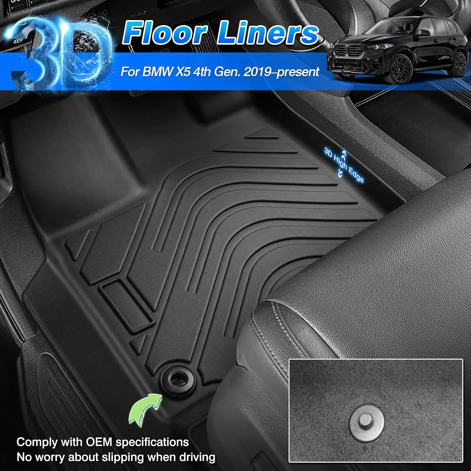 Floor Mats Fit for BMW X5 2019 -2025 All Weather Floor Mat X5 Accessories Heavy Duty Carpet Protection (Only for 5 Passengers) - Image 2