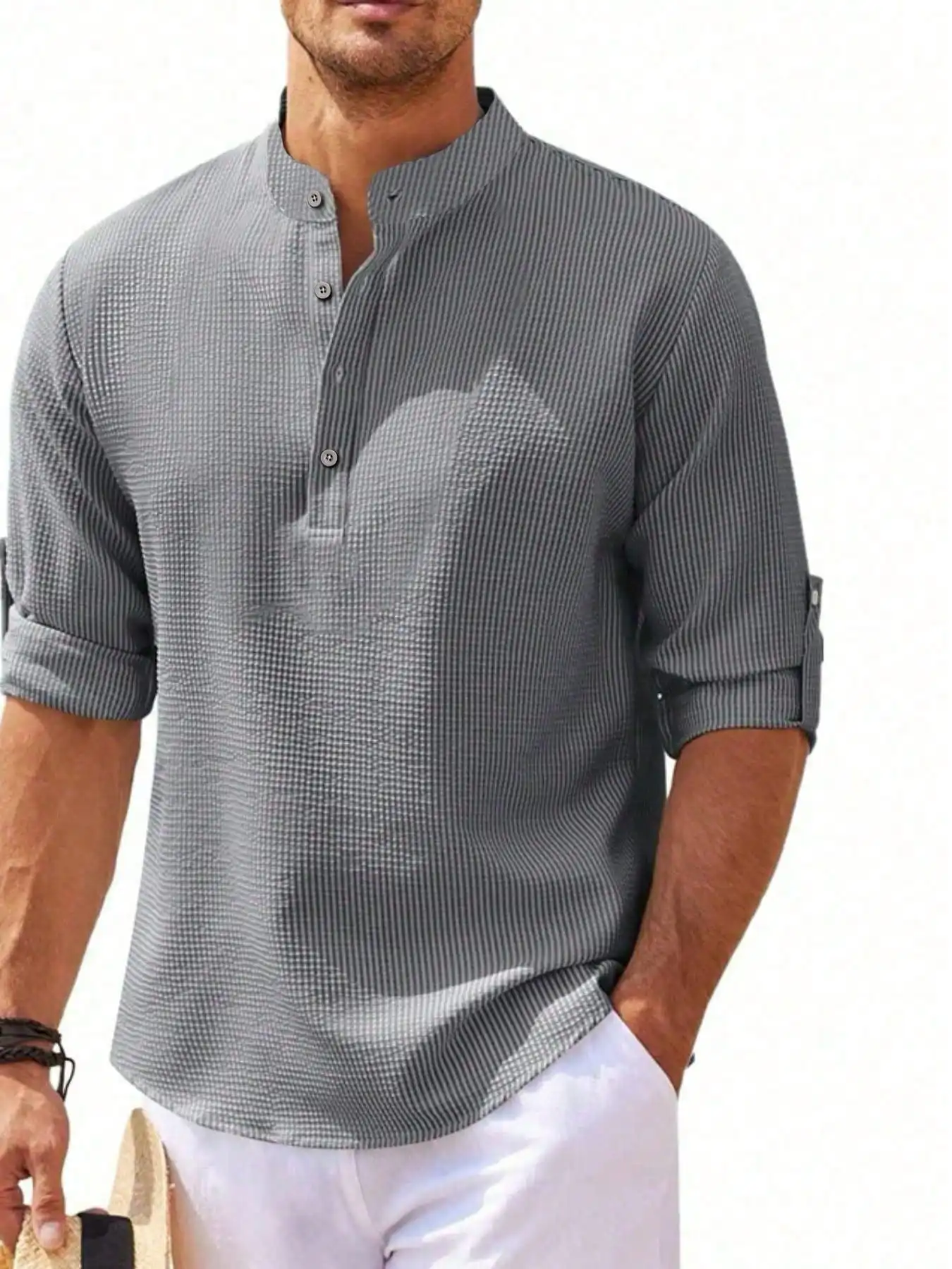

Men's Short Sleeve Henley Shirt, Striped Waffle Knit, Lightweight & Breathable, Casual Summer Top
