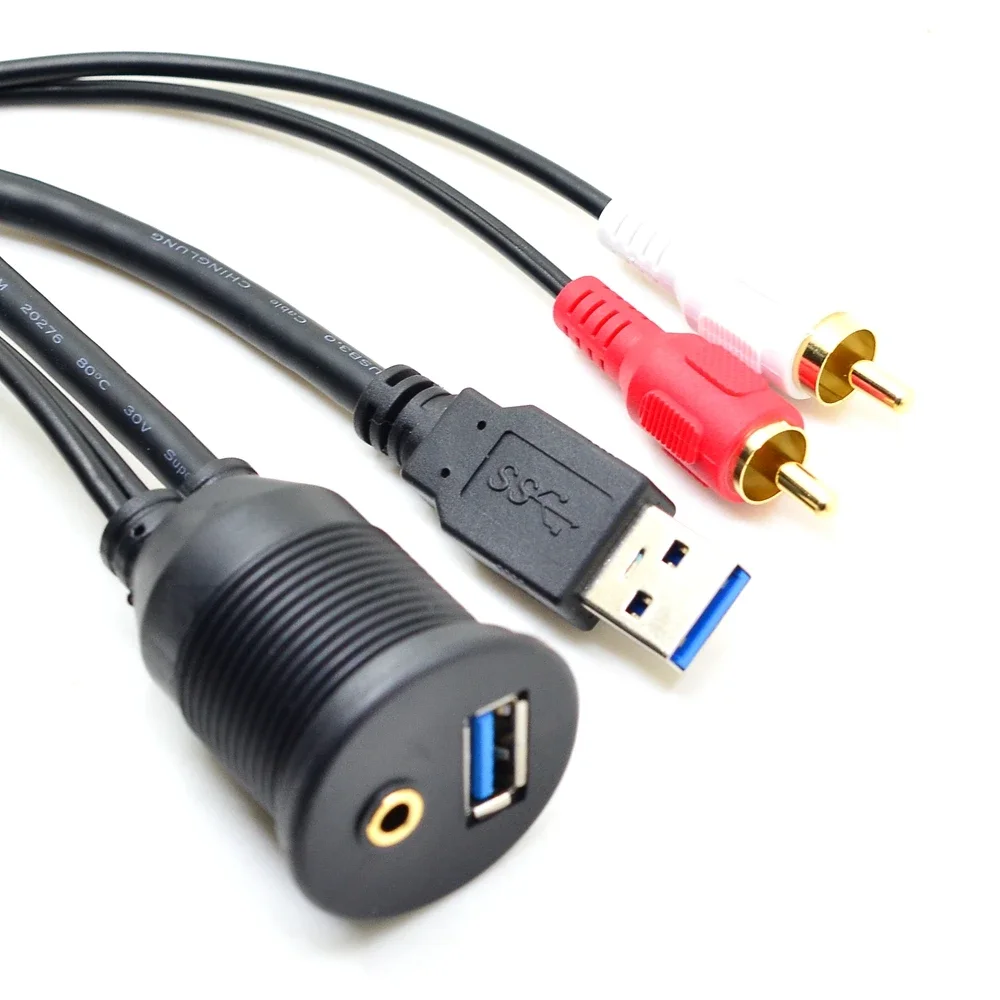 3FT Car Dashboard Flush Mount Panel USB 3.0 3.5mm AUX RCA Extension Flush Mount Male to Female Cable Car Styling Dashboard 1m