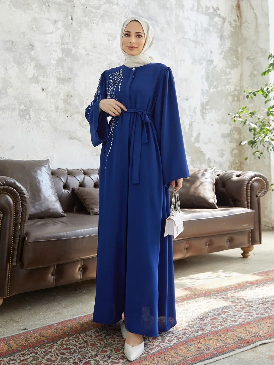 Eid Muslim Party Dress for Women Ramadan Diamond Abaya Long Dress Belt Morocco Kaftan Vestidos Largos Dubai Robe Jalabiya 2024