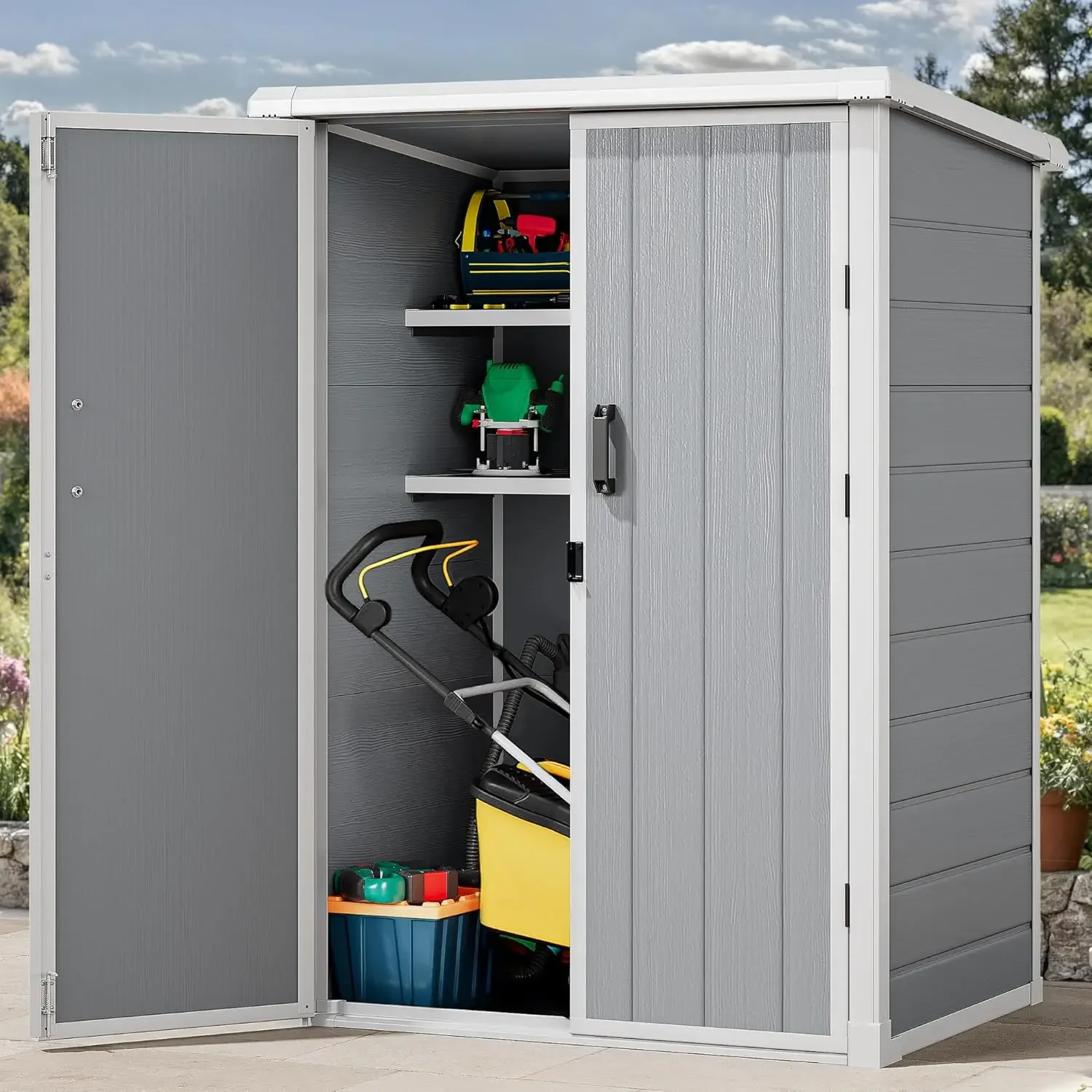 

60 Cuft Outdoor Tall Storage Shed with 2 Shelves, 5X3FT Vertical Tool Shed with Floor & Lockable Doors, Sturdy Double-Wall Plast