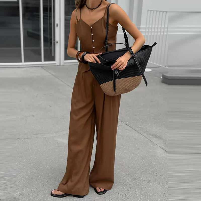 

Casual Sleeveless Solid Color Outfit Women's V-neck Camisole Top and Pants Two Piece Set Summer Simple High Street Straight Suit