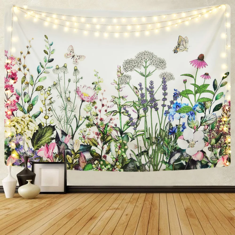 Colorful Floral Plants Tapestry Vintage Herbs Wall Hanging Nature Wildflowers Tapestries Living Room Decor Wall Blanket Cloth
