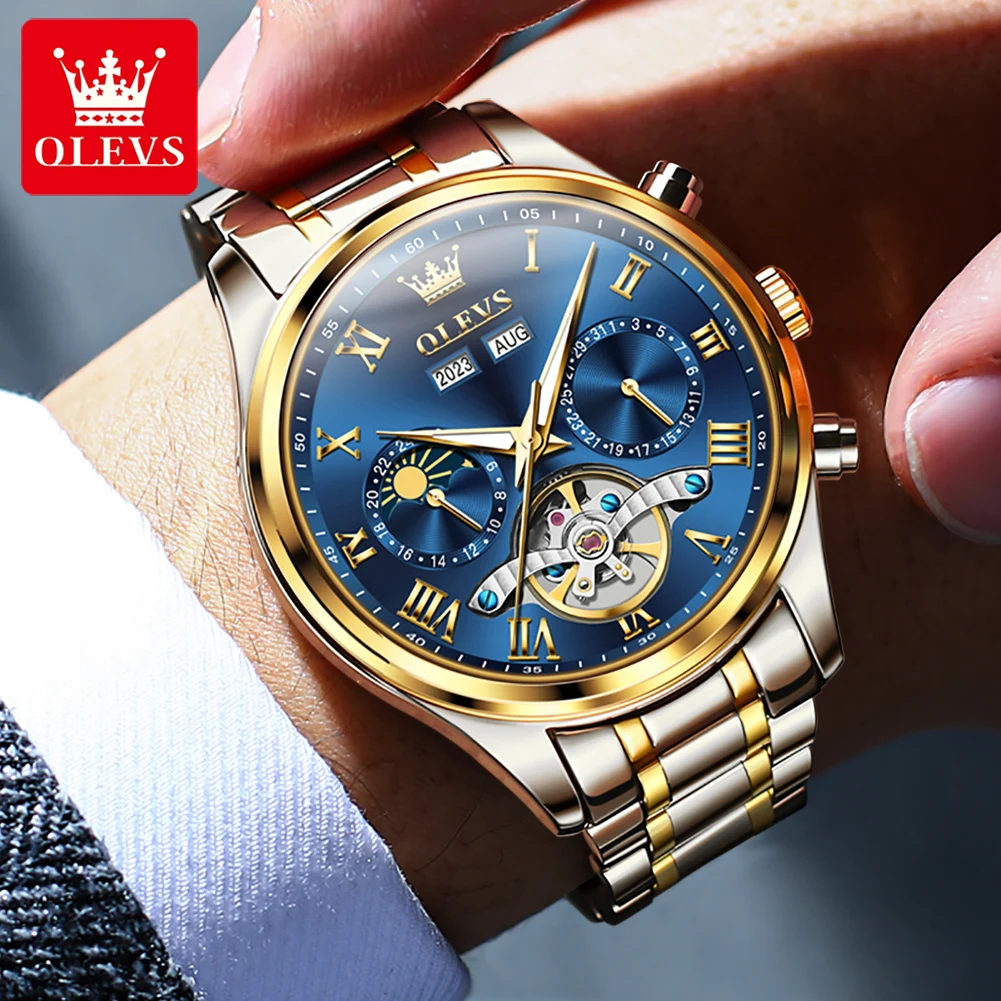 OLEVS Men\'s Watches Business Dress Automatic Mechanical Watch for Man Tourbillon Calendar Moon Phase Waterpoorf Wristwatch