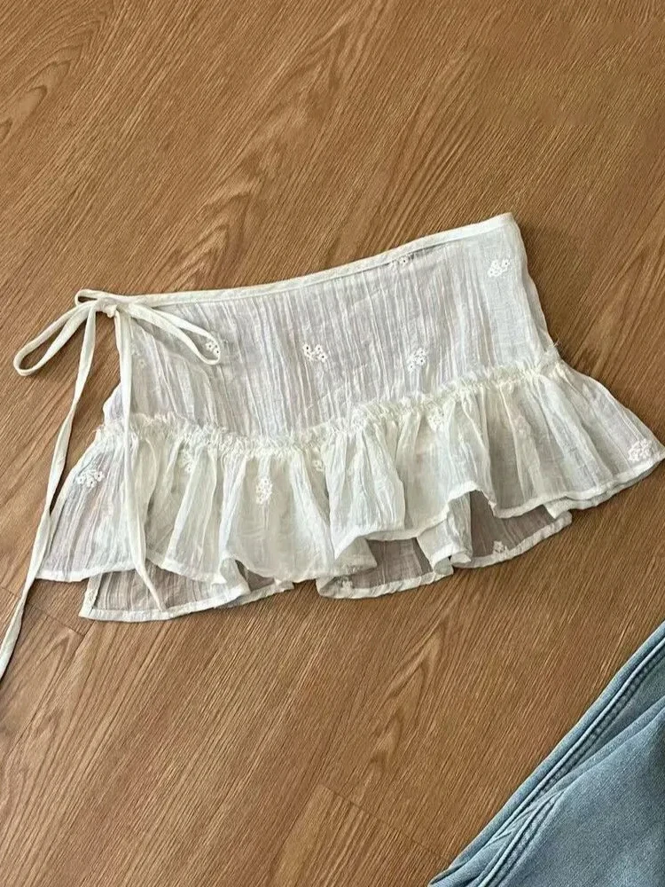 

Mini Skirt Women 2025 Faldas Mujer De Moda Chic Saia Solid Color Korean Sweet Jupe Bandage Ruffles Cute Y2k Skirts New Bottoms