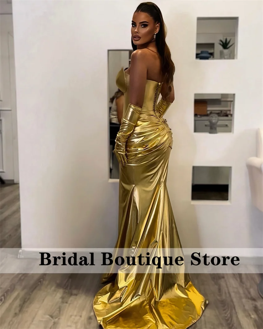 New 2024 Gold Long Prom Dresses With Two Gloves Pleats Birthday Party Gowns Wedding Reception Evening Gown Lace-Up Customized