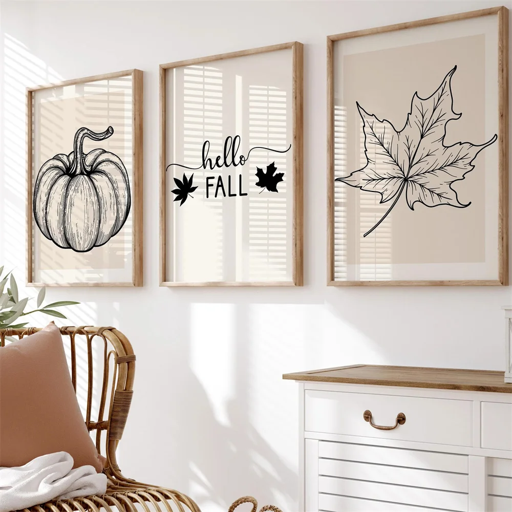 3PCS Large-sized frameless canvas paintings,Autumn Wall Print Set Of 3, Fall Wall Prints, Black, Beige Fall Decoration, Fall Lea