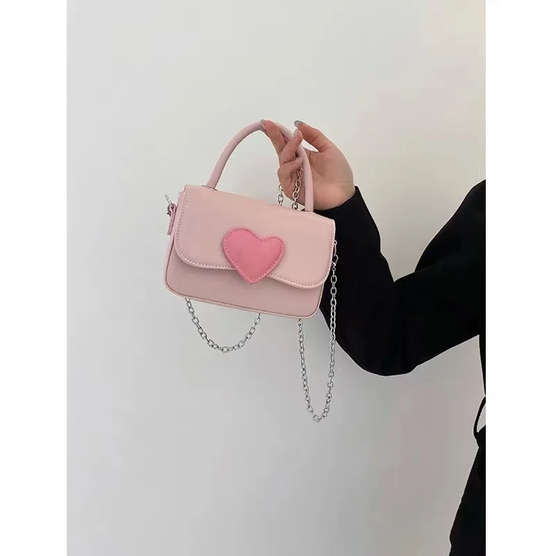 2024 Summer New Pink Love Color Girl Cute Small Square Bag Fashion Hand Chain Crossbody Bag