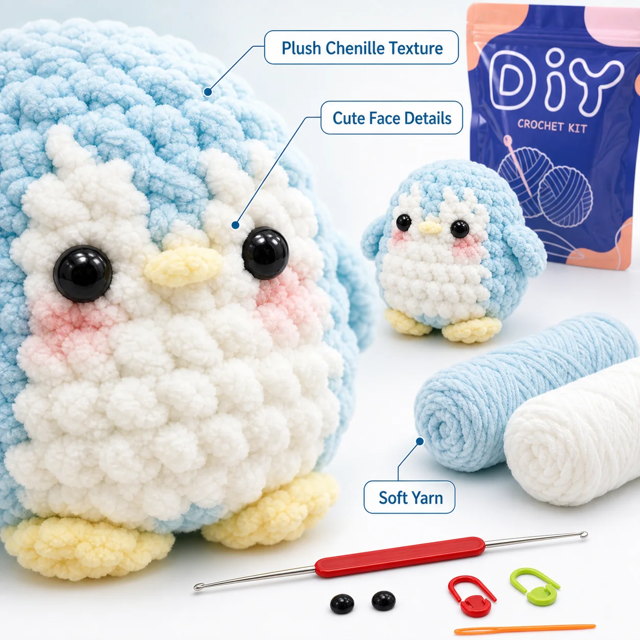 Blaues Pinguin-Häkelset für Anfänger Chenille-Garn DIY-Bastelset mit Schritt-für-Schritt-Anleitung – Detail 3