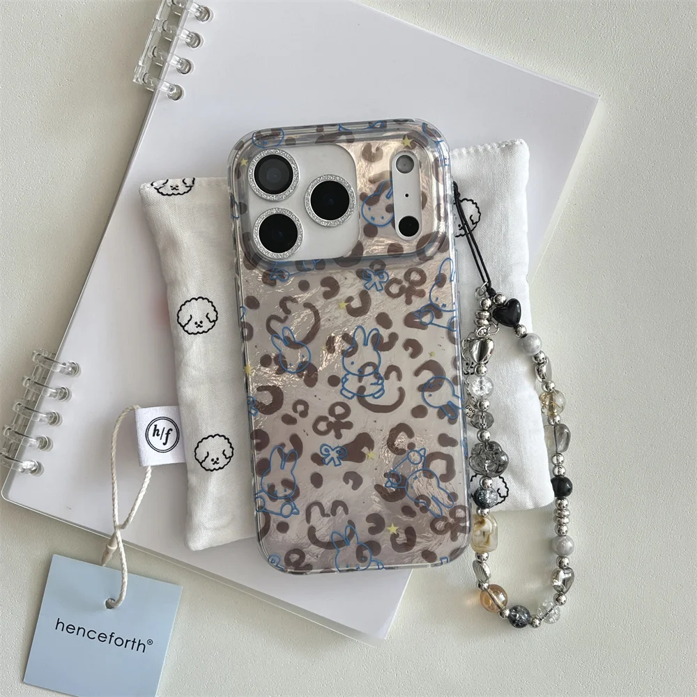 

Luxury Fashion Leopard Blue Line Rabbit Phone Case for iPhone 14 15 17 Pro 16 Pro Max Cover with chain Fundas Cute Protective Ca