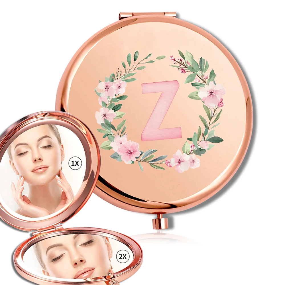 Tragbarer Reise-Make-up-Spiegel aus Metall, geeignet zum Tragen beim Ausgehen, Kranz im Freien, Anfangsname, 26-Buchstaben-Muster