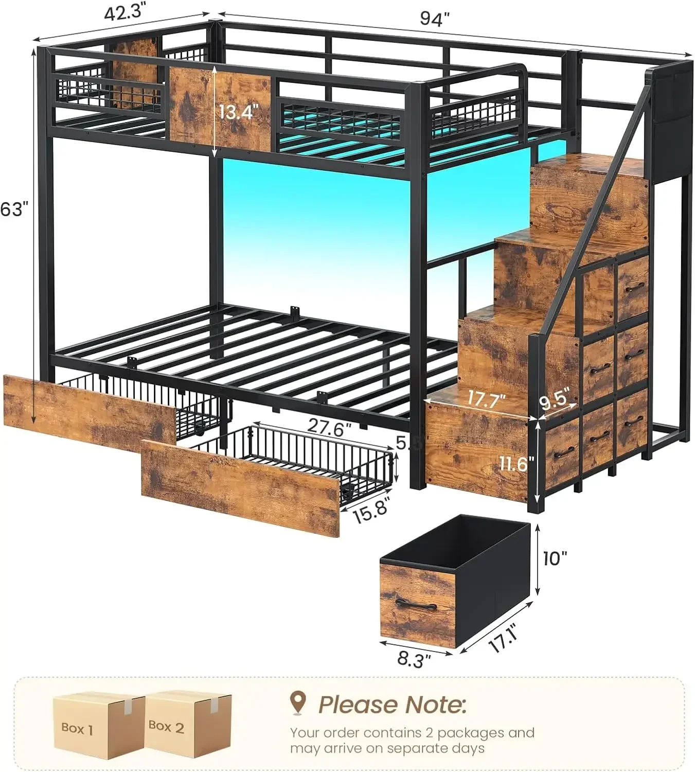 BTHFST Bunk Bed Twin Over with Stairs, LED Lights Bunk Bed with 2 Storage Drawers & 6 Fabric Drawers, Metal Loft