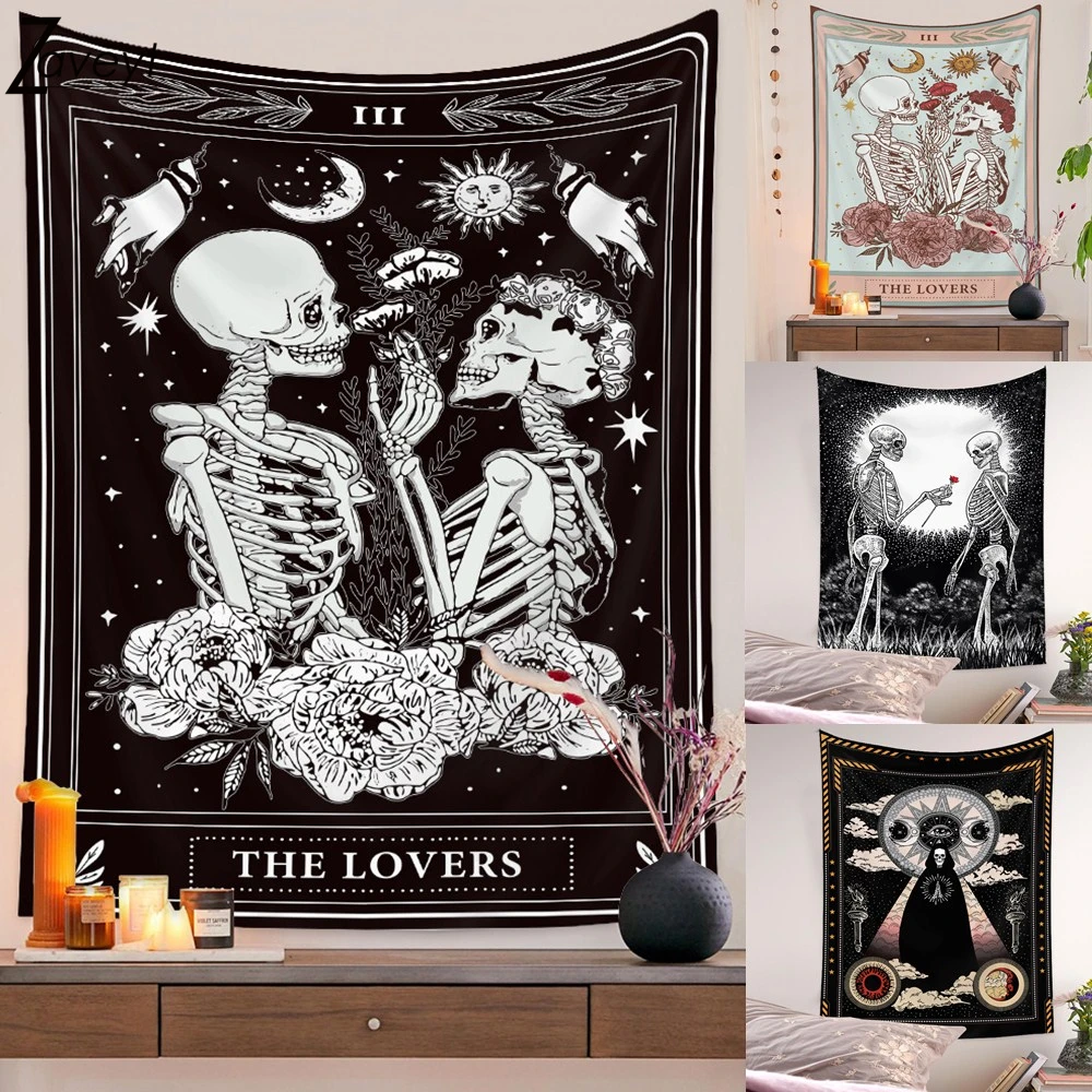 

Print Skull Couple Wedding Tapestry Tarot Card Star Moon Psychedelic Divination Bohemian Wall Cloth Skeleton Rose Flower Blanket