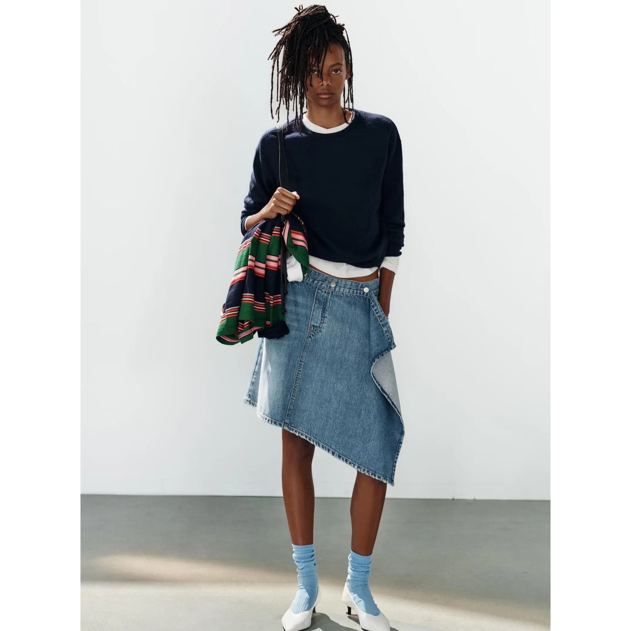 Fashionable Asymmetric Denim Skirt for Women Standard Fit A-Line Midi Skirt Polyester Fabric Iron-Free Mid-Waist Design