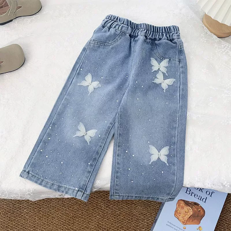 Girls Print Denim Pants New BlingBling Diamond Bow Jeans Children Clothes Kids Straight Legged Pants Loose Trousers