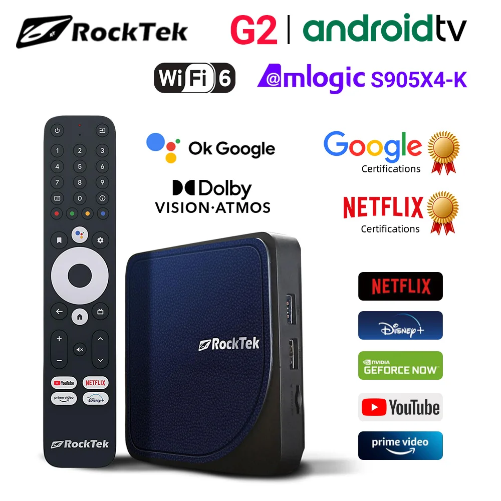 RockTek G2 4K Android TV 12 Stream Box with Netflix Google Certified Amlogic S905X4-K 4G64G Support DTS DolbTS Dolby Audio Dolby