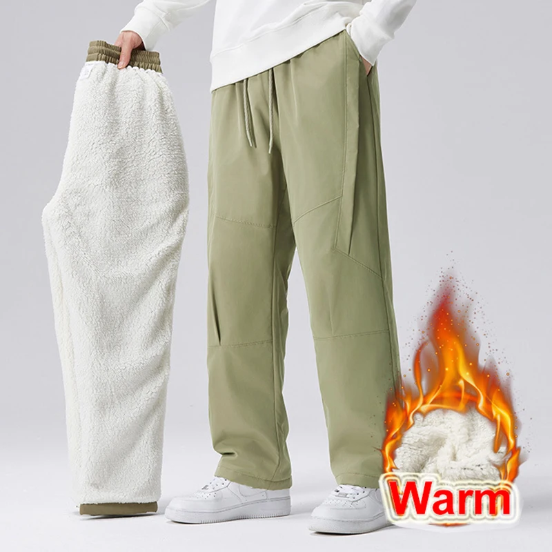 

New Winter Men's Thickened Fleece-Lined Straight-Leg Cotton Wadded Trousers Warm Loose Fit Casual Pants Plus Size Home Outerwear