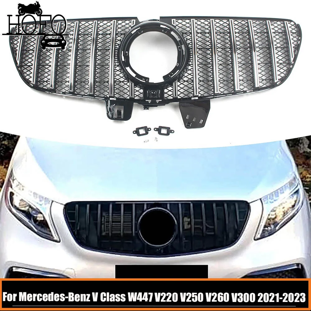 Car Front Bumper Grille Mesh Grills Chrome  Mesh Grills GT Style For Mercedes-Benz V Class W447 V220 V250 V260 V300 2021-2023  ﻿