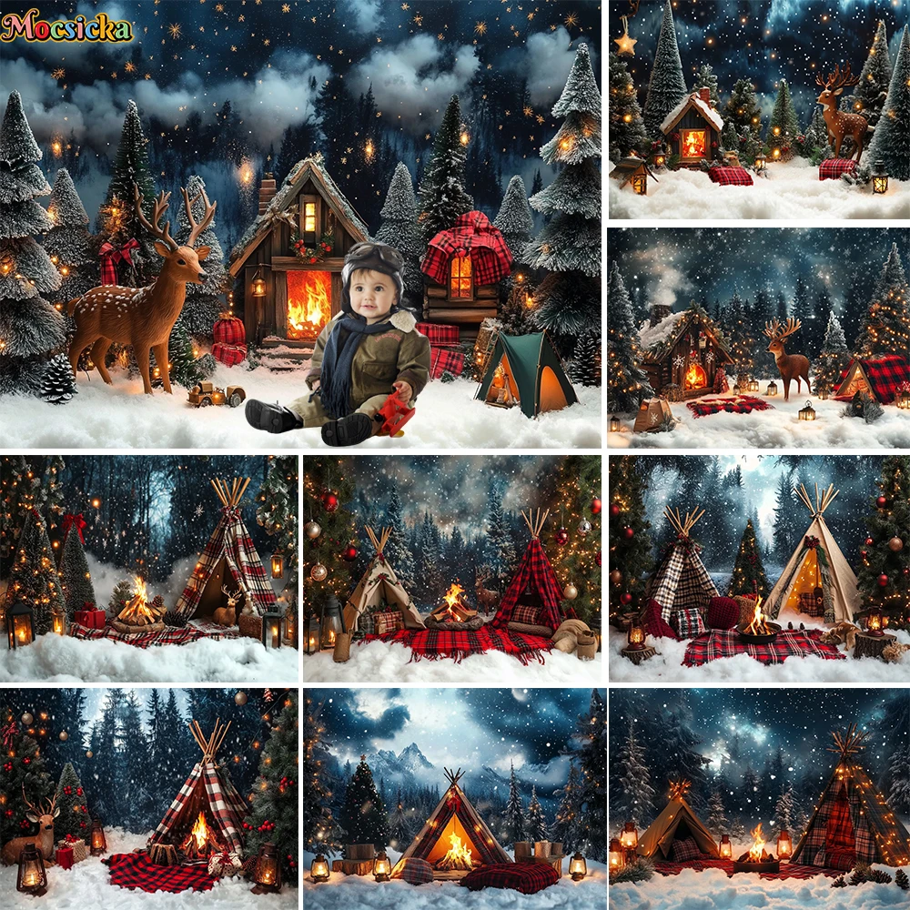 

Christmas Eve Family Camping Photography Background Xmas Tree Forest Elk Tent Backdrop Decor Winter Kids Birthday Photo Studio