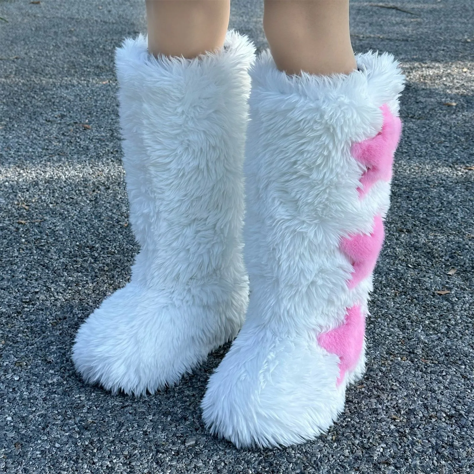 Y2K Ladies Faux Fox Fur Mid-Calf Snow Boots, Star Decor Fluffy Plush Furry Winter Fashion Boots for Women