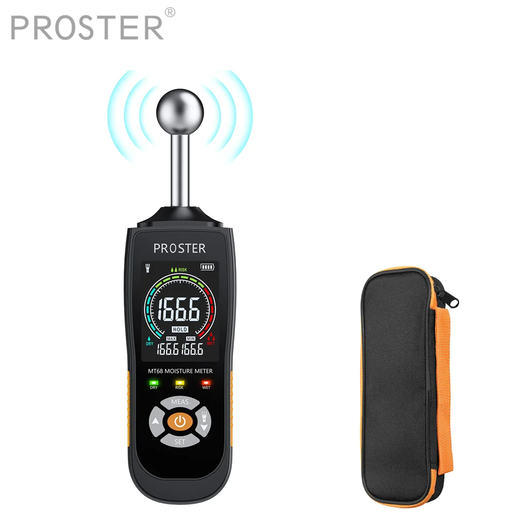 Proster Moisture Meter With Color Lcd Alarm And Hold Function For Wall Wood Masonry Concrete Plaster 5-40mm Analysis Depth