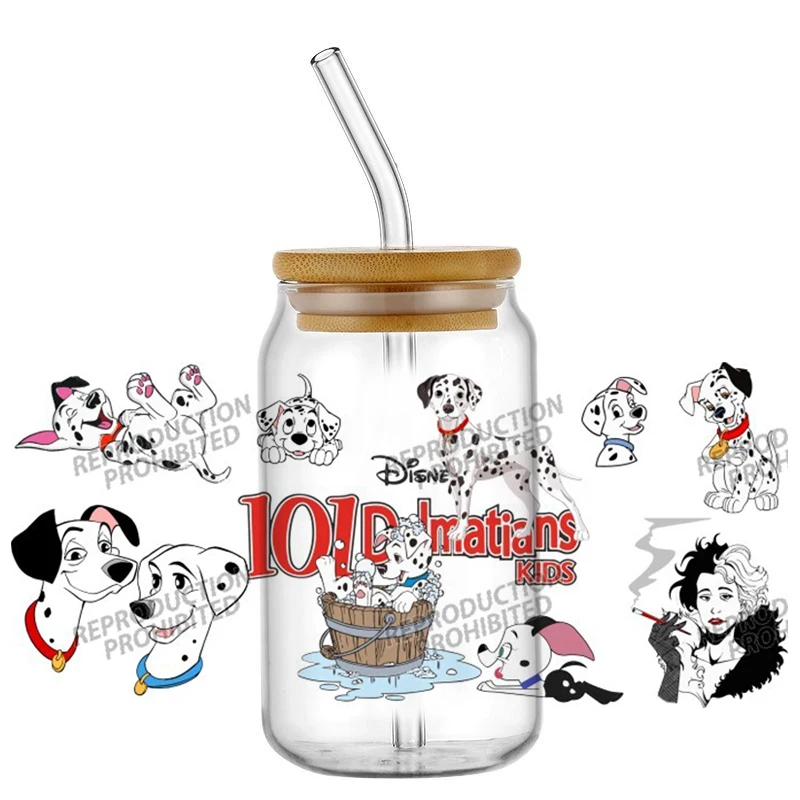 Popular Designs UV DTF 3D Cute 101 Dalmatians Cartoon Dog Transfer Sticker 16oz Glass Can Cup Coffee Mug Car Wrap DIY Decals