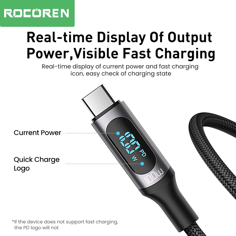 Rocoren PD 100W LED Display USB Type C Cable 5A Fast Charging Charger Wire Cord For Macbook Xiaomi POCO Samsung S22 Tablet Data