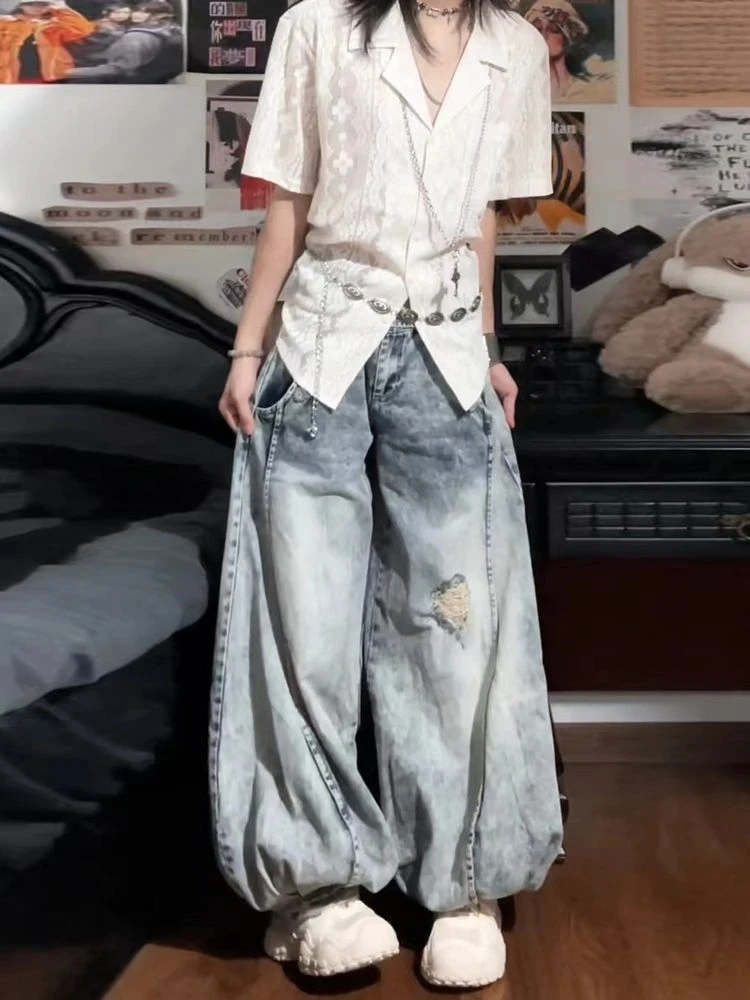 Women's Lantern Baggy Wide Leg Casual Denim Trouser Cool Girl High Waisted Streetwear Fashion Pants Female Loose Jeans