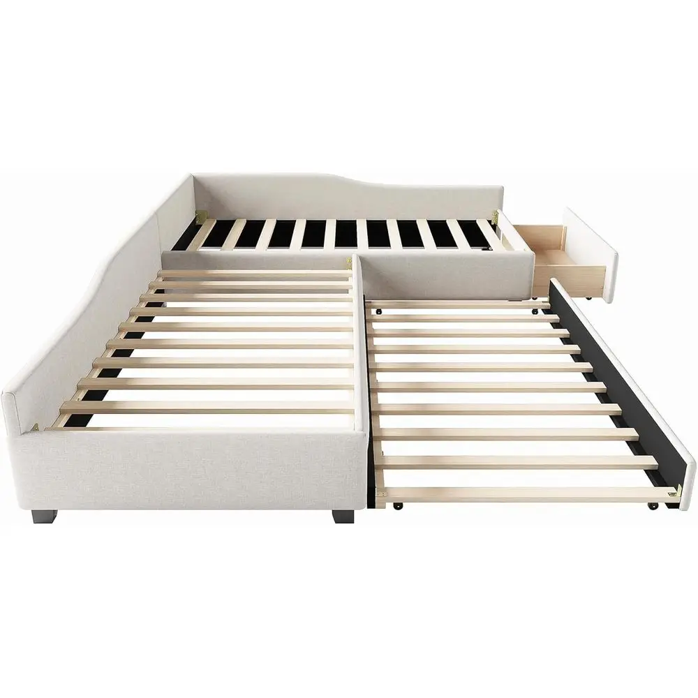 Double Twin Size Daybed with Trundle, Storage Drawer, L Shaped Corner Bed, Upholstered Sofabed, 3 Beds in One Design, No Box Spr - Image 6