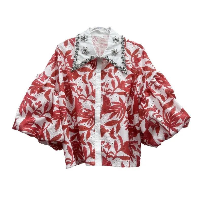 프렌치 스타일 패셔너블 디자인 헤비 엠벨리시드 다이아몬드 프린트 하이 웨이스트 셔츠 여성용 새로운 우아한 슬림 핏 다용도 탑