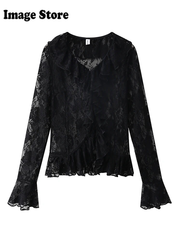 Spring Women Gyaru French Vintage Lace Top 2000s Aesthetic T-Shirt See Through Long Sleeve Y2k Tee Coquette Shoujo Dark Academia