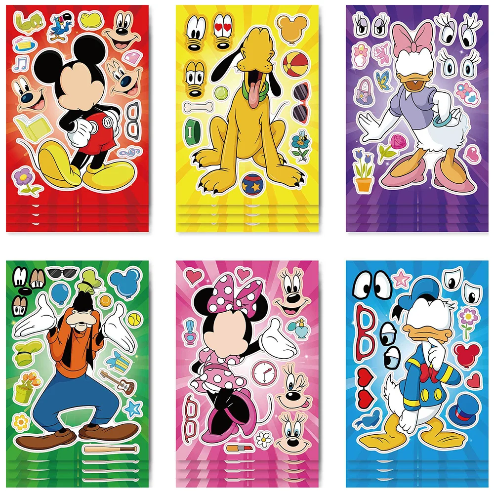 6/12 lembar Kawaii kartun Mickey Mouse Puzzle stiker buku Minnie Donal Bebek membuat wajah Decal merakit stiker Jigsaw